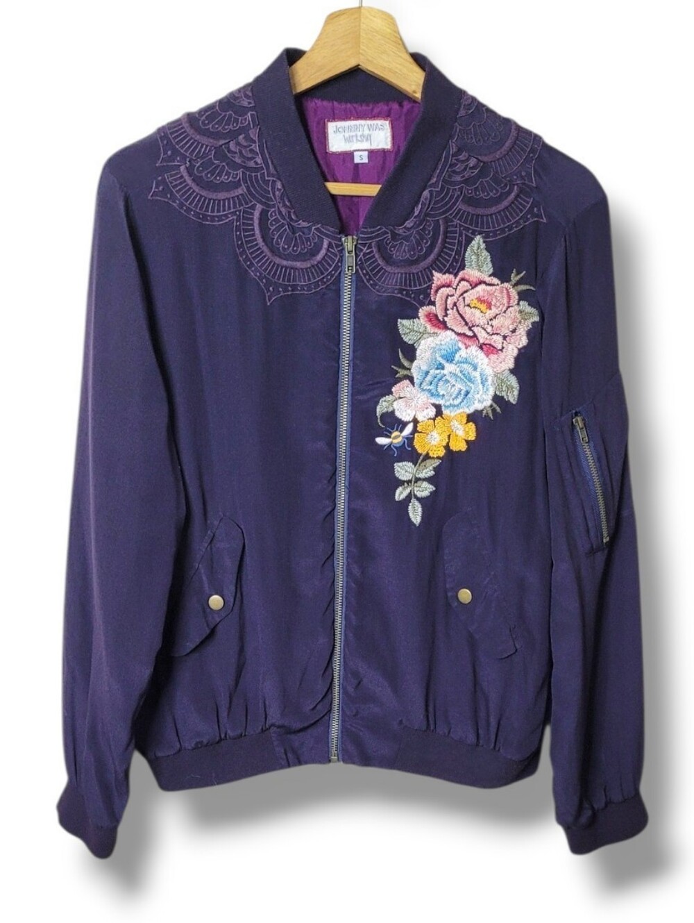 Johnny Was Lucy Silk Embroidered Bomber Jacket